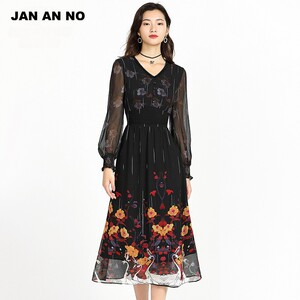 简爱诺商场专柜高档V领流苏花边钉珠真丝连衣裙女士春J2010305LQ