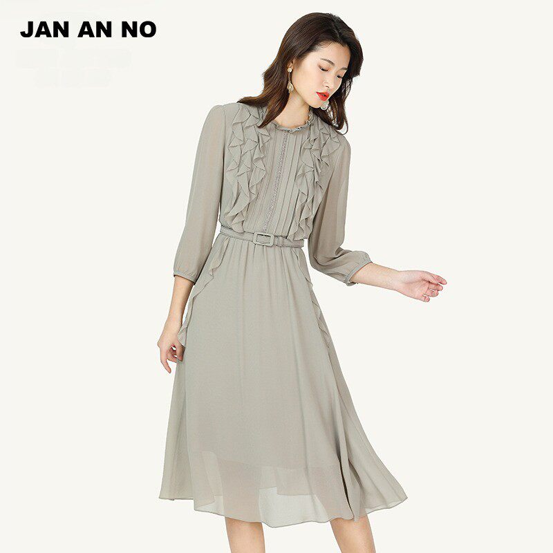 JAN AN NO简爱诺春夏灰色高腰裙桑蚕丝气质飘逸连衣裙J2010150LQ