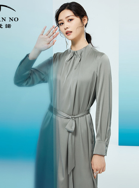 JAN AN NO简爱诺春夏新品绿色重磅真丝长袖连衣裙JA026122LQ