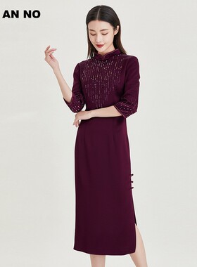 简爱诺春季婚庆礼服长裙红色烫钻旗袍喜庆真丝连衣裙女J2110129LQ