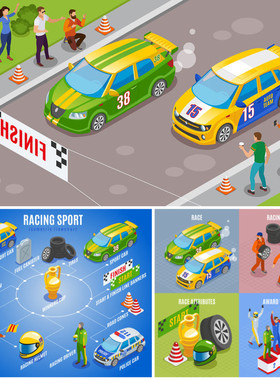 A1083矢量AI设计素材 扁平化轴测图汽车修理赛车比赛冠军信息图