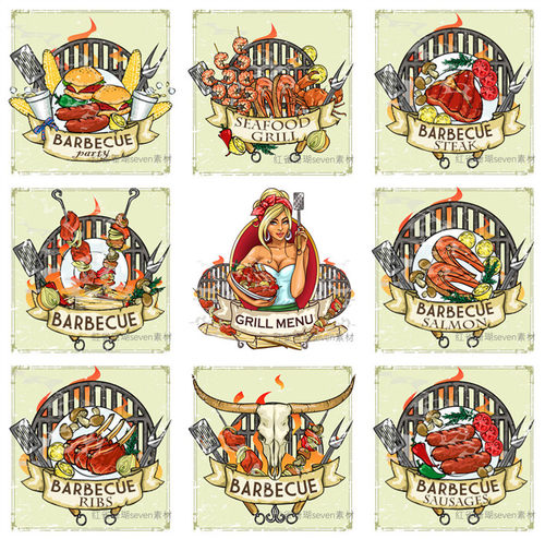 A0925矢量AI设计素材 欧美复古烧烤主题BBQ烤串烤肉logo插画