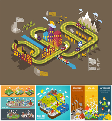 A1148矢量AI设计素材 扁平化城市新能源风能环保交通建筑场景信息