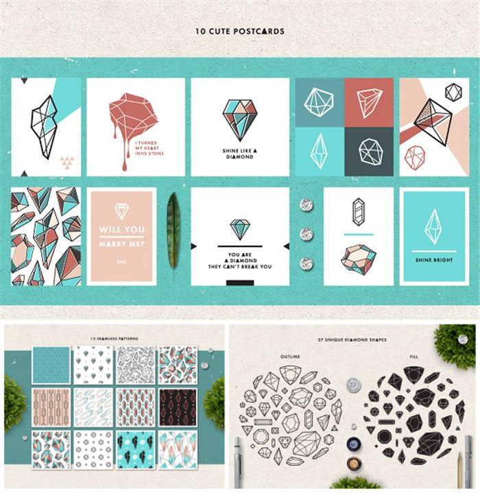 [673]AI矢量设计素材 扁平化钻石几何卡片四方连续印花背景+PNG