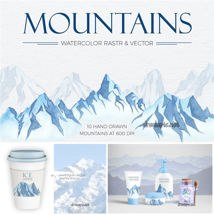 A0316矢量AI设计素材 水彩手绘冬天的山脉logo插画背景图+png