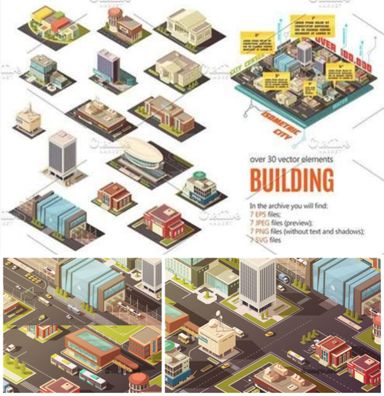 A0029矢量AI设计素材 城市建筑物扁平化轴测图场景banner插画+png