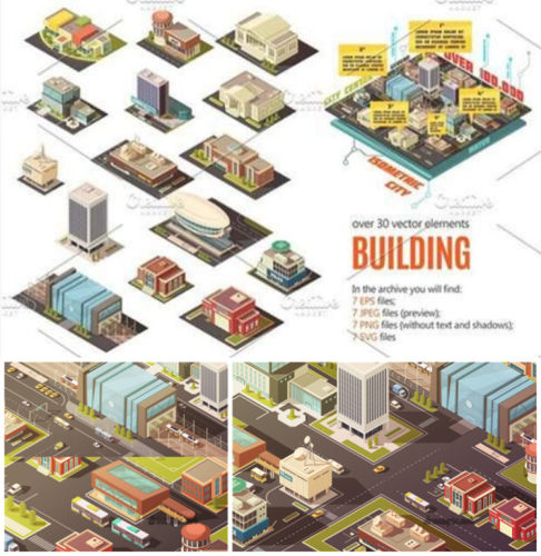 A0029矢量AI设计素材 城市建筑物扁平化轴测图场景banner插画+png