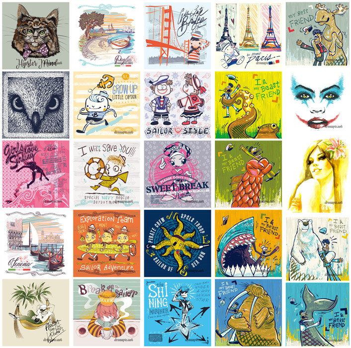 A0042矢量AI设计素材 25张欧美创意手绘猫咪人物涂鸦动物插画