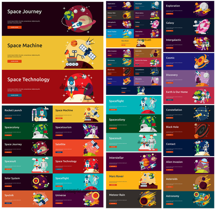 [625]AI矢量设计素材 扁平化宇宙星球火箭空间banner图标icons