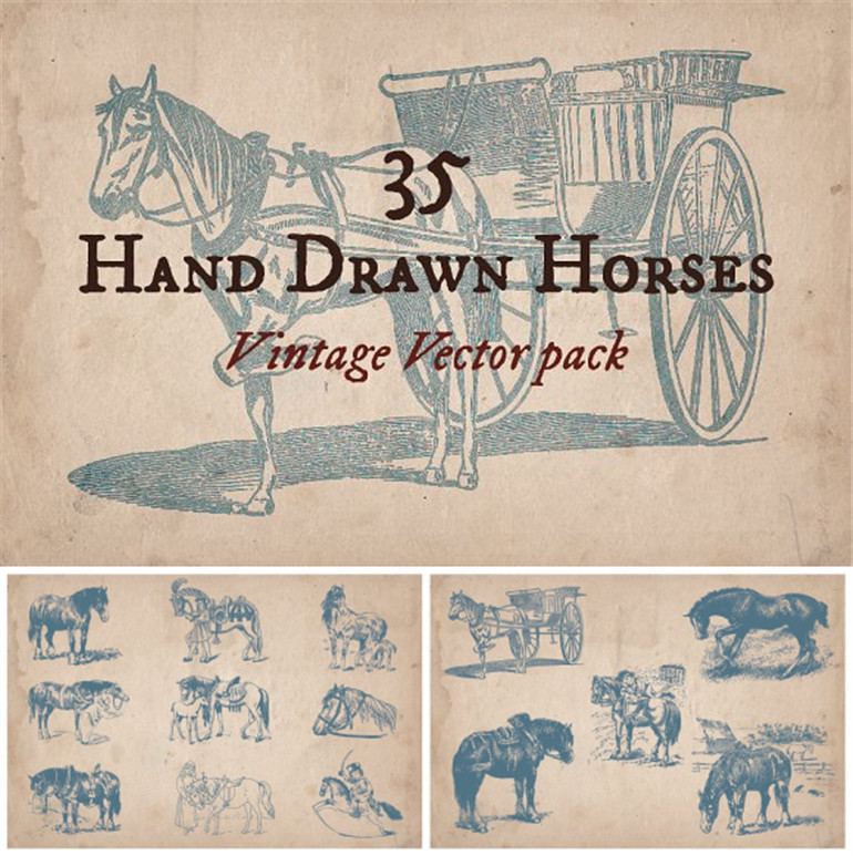 [676]AI矢量设计素材 35个复古马和马车手绘线稿图