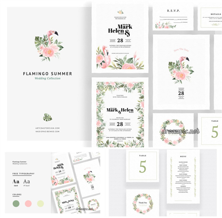 A0842矢量AI设计素材 水彩火烈鸟花朵婚礼请柬邀请函桌牌VI模板