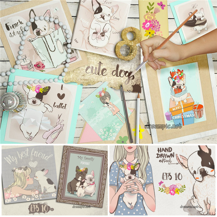 A0830矢量AI设计素材 卡通手绘女孩宠物狗斗牛犬插画