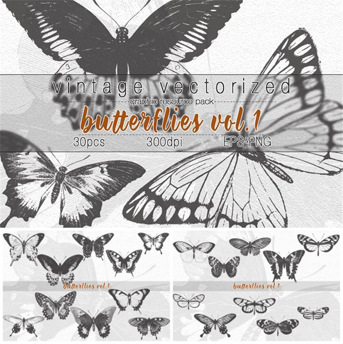 [666]ai矢量设计素材 30张复古蝴蝶插画 png高清图