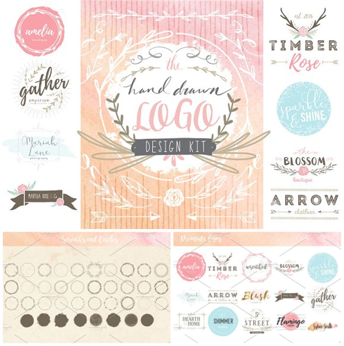 [637]AI矢量设计素材 水彩纹理英文LOGO元素符号线条背景印花字体