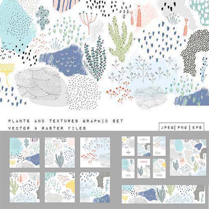 A0105矢量AI设计素材 抽象植物手绘纹理卡片背景banner印花+png