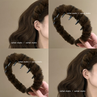 豹系学姐 毛绒绒豹纹波浪发箍高颅顶韩系带齿头箍洋气发夹盘发器