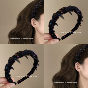 斑斓黑夜~复古彩色毛线带齿发箍女2024新款蓬松洋气旅行压发头箍