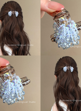 冰岛慕斯~蓝色串珠小抓夹手工编织花朵半扎发夹小众设计旅行发卡