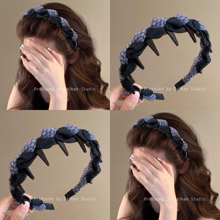 知更记忆~复古蓝格拼接麻花发箍韩系气质带齿高颅顶头箍旅行发卡