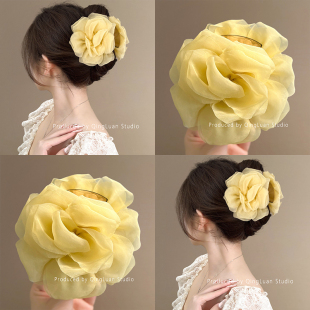 雾里栀子黄~温柔黄玫瑰花朵发夹后脑勺超仙欧根纱鲨鱼夹旅行发卡