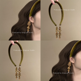 绿茵森林~中式流苏发箍贵气感碎钻压发头箍渐变绿丝绒发捆盘发器