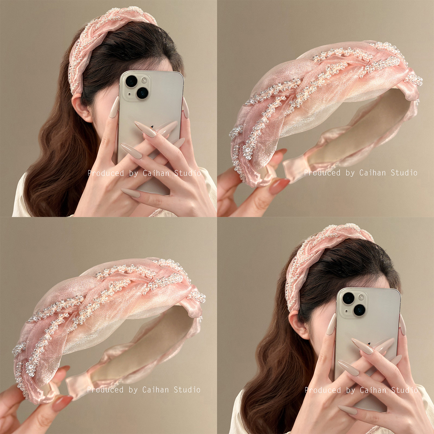 蜜桃白茶~甜美粉色欧根纱麻花发箍早春超仙串珠宽边头箍旅行发卡