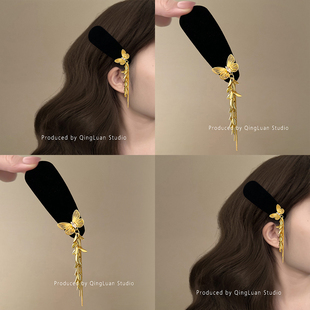繁梦蝴蝶~金色流苏蝴蝶发夹超仙中式流苏侧边碎发夹复古旅行发箍