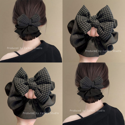 灰色格调~黑灰格纹蝴蝶结发圈