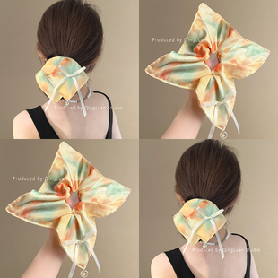 甜橘之夏~国风水墨晕染方巾发圈气质蝴蝶结笑脸金标头圈发绳盘发