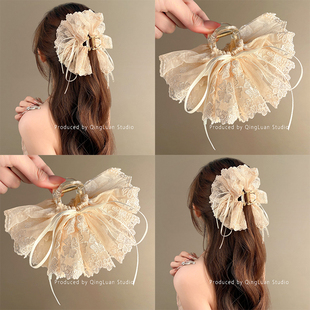 梨花小隐~超仙蕾丝刺绣蝴蝶结飘带抓夹温柔半扎发鲨鱼夹旅行发夹