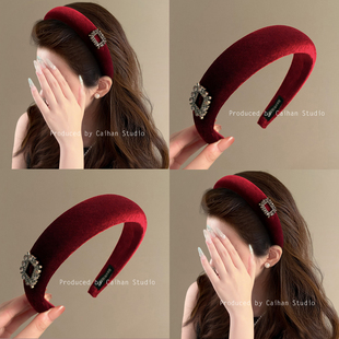 微醺热红酒~法式丝绒方钻发箍女款高级感洋气时尚高颅顶头箍发饰