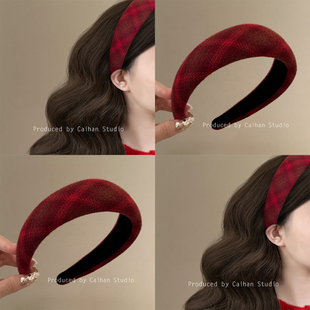 新年头箍旅行发卡 高级感洋气时尚 微醺红酒 复古格调格纹发箍女款