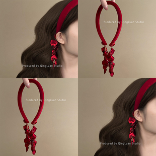 灼烧的浪漫~玫瑰花瓣丝绒发箍女新年红假耳环细发箍高颅顶盘发器