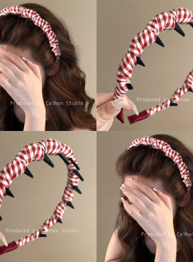 苏格兰小调~红色格纹发箍带齿高颅顶头箍慵懒高级感发捆旅行发卡