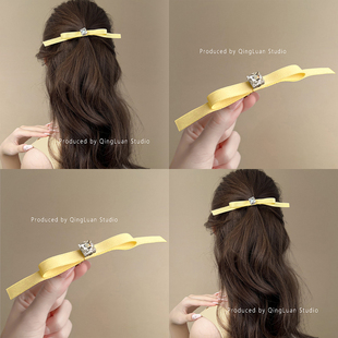 鹅黄浅春~嫩黄色蝴蝶结皓石发夹顶夹虞书欣同款芭蕾风发卡盘发器