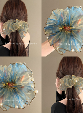 露西小姐~清新蓝色晕染仿珍珠大肠发圈头绳高级感皮筋丸子头盘发