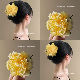 月光漫步~黄玫瑰花朵抓夹仿真花朵牡丹花朵发夹度假风旅行鲨鱼夹