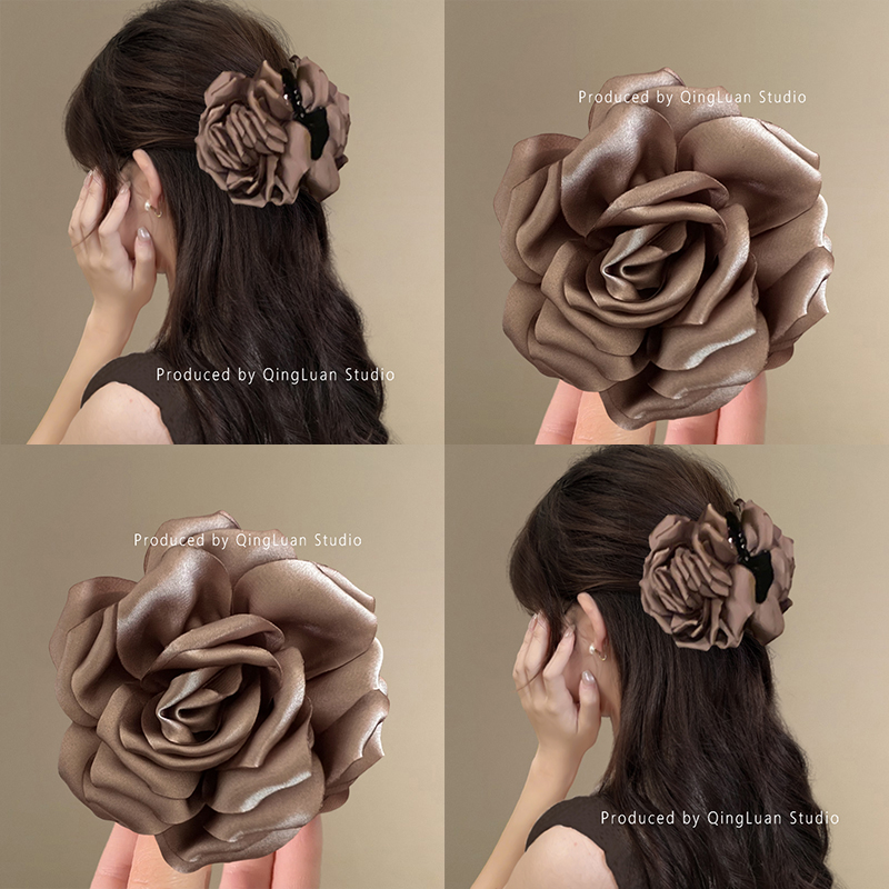 暮色玫瑰~缎面花朵抓夹法式高级感咖色后脑勺半扎发鲨鱼夹盘发器