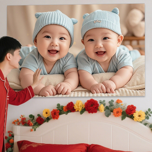 宝宝画报墙贴画龙凤胎宝宝画报求子祝孕好孕贴画金童玉女送子图hb