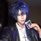 陈俊南cos假发男长狼尾蓝发鲻鱼头十日终焉万用毛毛胚显脸小头套