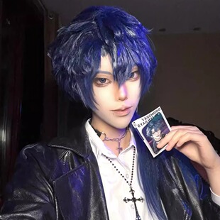 陈俊南cos假发男长狼尾蓝发鲻鱼头十日终焉万用毛毛胚显脸小头套