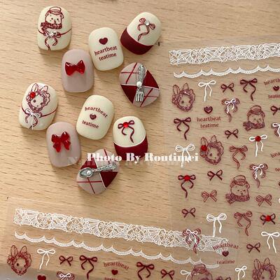 美甲饰品新款安可拉红蝴蝶结贴纸蝴蝶结高级美式甜心可爱小熊兔子