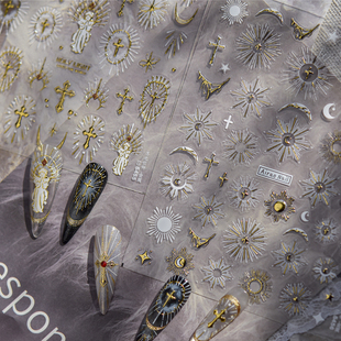 美甲贴纸新款神谕圣光高级百搭烫金十字架指甲贴纸法式指尖贴爆款