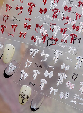 柔荑美红色白色波点蝴蝶结美甲贴纸3D立体红色鎏金背胶防水指甲贴