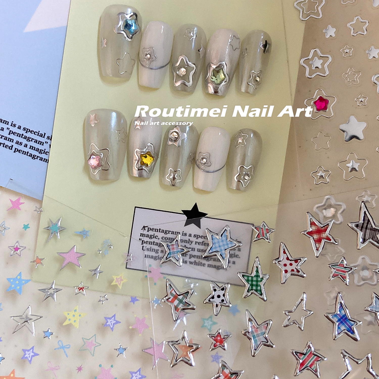 新款多巴胺星星美甲贴纸高级金属质感甜酷格子纹五角星背胶指甲贴