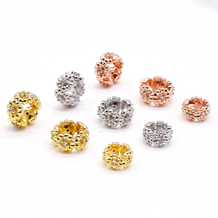 镀18k金镶嵌锆石花形圆珠隔珠桶珠隔片垫片 DIY珍珠配饰6-8-10mm