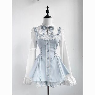 早秋新款甜心洛丽塔蝴蝶结蕾丝长袖连衣裙女假两件收腰显瘦粉色裙