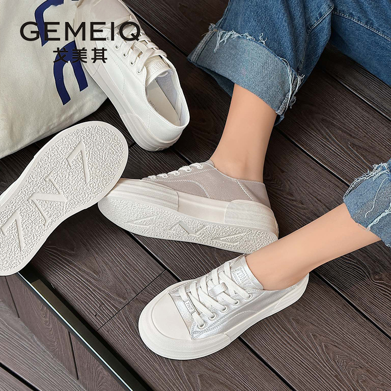 戈美其系带小白鞋女2025春秋新款女鞋百搭厚底休闲松糕鞋增高板鞋