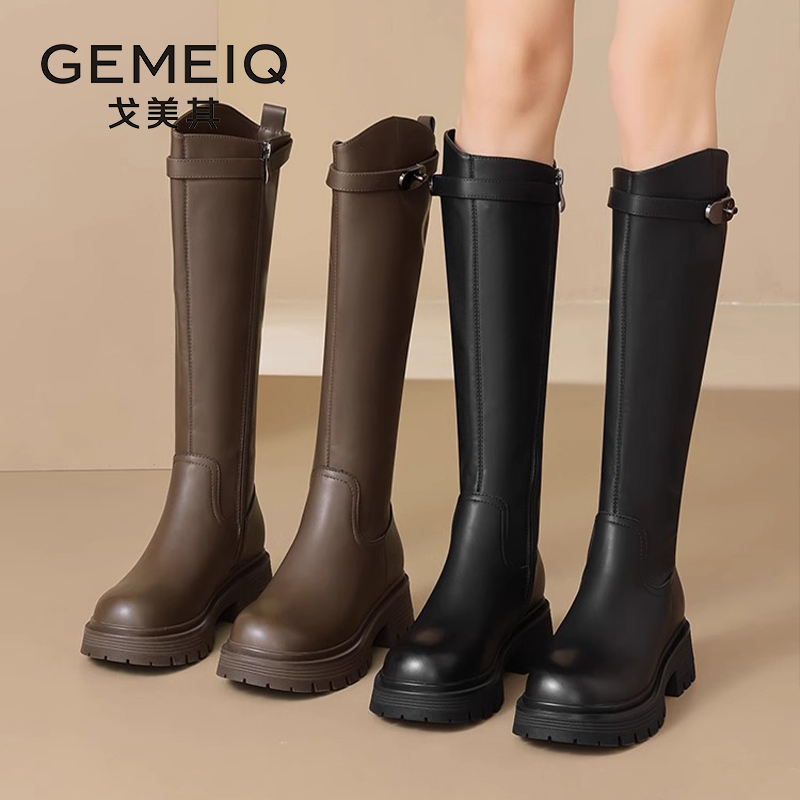 戈美其粗跟长筒靴子女2024新款秋冬高筒骑士靴显瘦黑色不过膝长靴