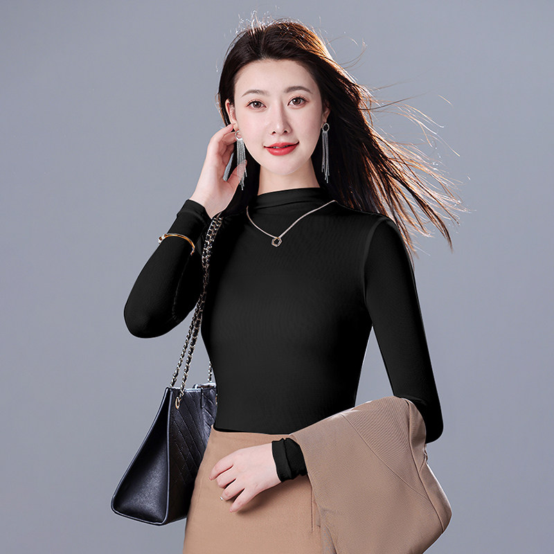 早秋新款女士时尚洋气短款打底衫百搭纯色修身毛衣半高领针织上衣